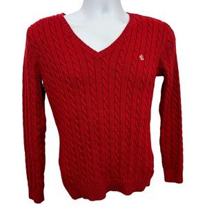 LRL Lauren Ralph Lauren Red Sweater V Neck Cable Knit Logo Women's Medium